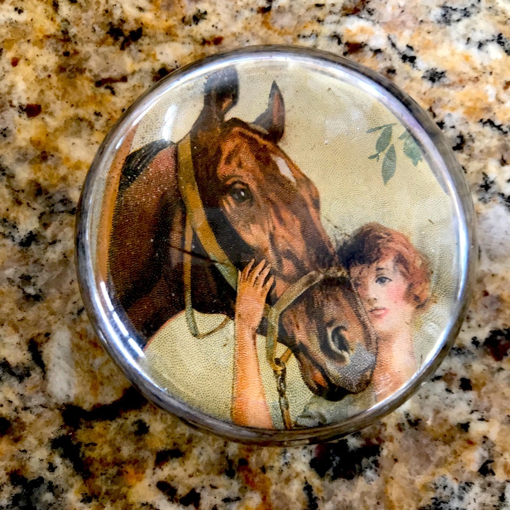 VINTAGE MAGNIFYING HORSE/LADY PAPERWEIGHT
